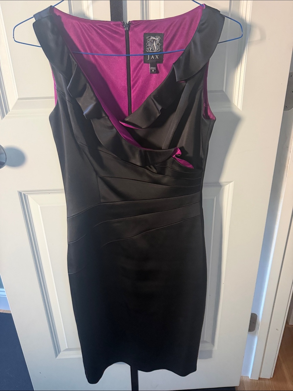 JAX Black Sheath Dress with Magenta Lining and Ruffle Detail